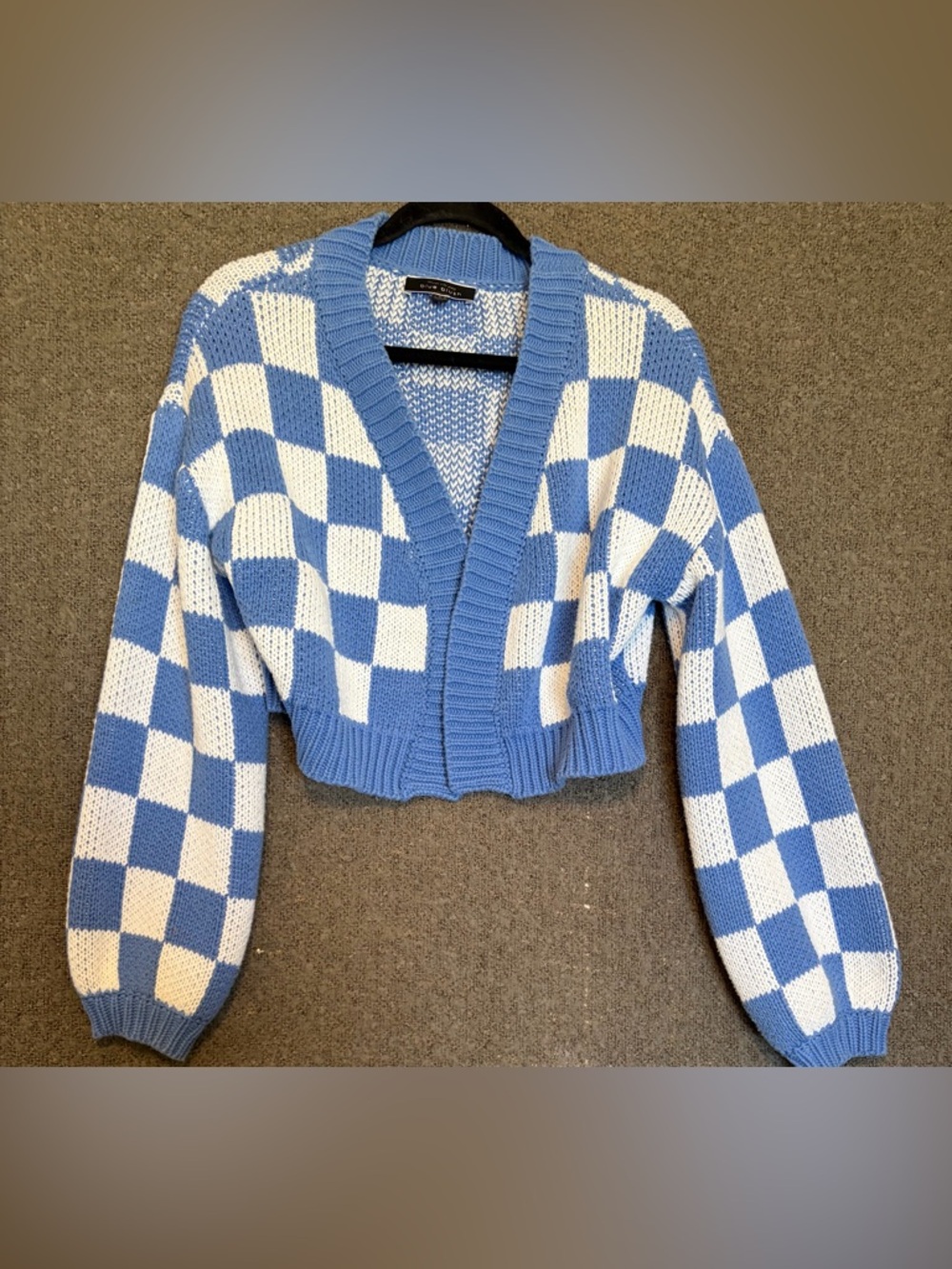Blue Blush Blue and White Checkered V-Neck Cropped Cardigan